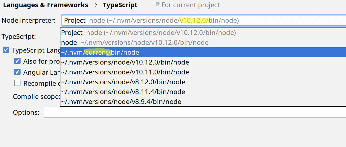 List of node version from Intellij